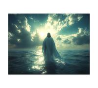 QUSAAOU pared Jesús cristiano Christ marche mer ensoleillée cuadro de santo pastor,pintura cristiana renacentista para iglesia,sala estar,dormitorio religioso（Vert Turquoise-40x60cm Sin marco