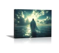 QUSAAOU pared Jesús cristiano Christ marche mer ensoleillée cuadro de santo pastor,pintura cristiana renacentista para iglesia,sala estar,dormitorio religioso（Vert Turquoise-20x30cm Enmarcado