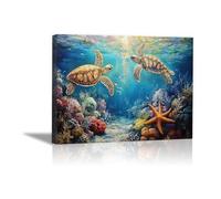QUSAAOU Pintura Decorativa Para Tortuga marina arrecife coralino submarina Arte De Pared Moderno Adecuado Para Dormitorios Comedores Pasillos BañOs Oficinas Y Cocinas （Azul-30x45cm1 Enmarcado