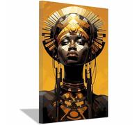QUSAAOU PóSter Impreso Lienzo Figura tocado geométrico fondo dorado Con Retrato De Mujer Africana Vintage éTnica Divertida Para Sala De Estar DecoracióN Del Hogar（Oro-60x90cm1 Enmarcado