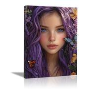 QUSAAOU PóSter Impreso Lienzo Joven cabello violeta mariposas ligeras mundo fantástico Con Retrato Mujer Africana Vintage éTnica Divertida Para Sala Estar DecoracióN Del Hogar -40x60cm1 Enmarcado
