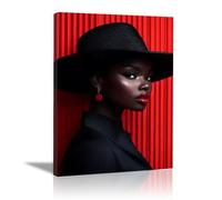 QUSAAOU PóSter Impreso Lienzo Sombrero oscuro fondo rojo vivo oposición cromática potente Con Retrato Mujer Africana Vintage éTnica Divertida Para Sala Estar DecoracióN Del Hogar -20x30cm1 Enmarcado