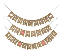 Qusedwey Banner de Arpillera de 3 Piezas Comprometidos ÉL Preguntó Dijo Sí Banner RúStico Nupcial Ducha Banderines Guirnalda para Compromiso de Boda