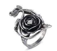 QUSIIOSLK Anillos de rosa vintage de acero inoxidable para mujer, anillo de plata con flores grandes, anillo apilable de plata para mujer, joyería minimalista personalizada (tamaño 6)