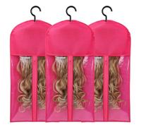Qussedser 3 Piezas Soporte para Extensiones Cabello Almacenamiento Pelucas para Múltiples Soportes para Pelucas Bolsas para Pelucas con Colgador Almacenamiento Extensiones Cabello Rosa Rojo