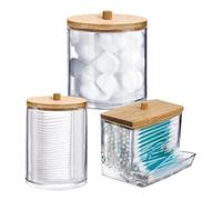 Qussedser Dispensador de Hisopos de PláStico Transparente de 3 Piezas y Soporte Qtip para BañO - Recipiente de Almacenamiento para Sales de BañO, Redondos, AcríLico+Madera