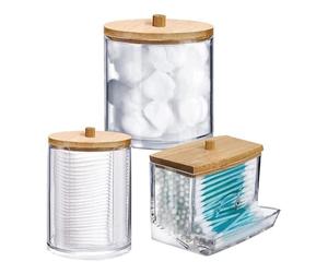 Qussedser Dispensador de Hisopos de PláStico Transparente de 3 Piezas y Soporte Qtip para BañO - Recipiente de Almacenamiento para Sales de BañO, Redondos, AcríLico+Madera
