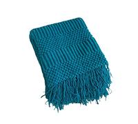 Qussedser Manta de punto con flecos, borlas, color liso, acogedora, manta decorativa para el hogar, color azul