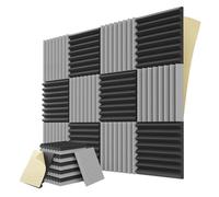 Qussedser Paquete de 12 paneles de espuma a prueba de sonido con autoadhesivo, paneles de pared acústicos insonorizados de 1 x 12 x 12 pulgadas para juegos y estudio, negro y gris