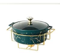 QUSYZD Juego de Calentador de Alimentos Redondo de 2 Cuartos para Buffet, Calentador de cerámica con Tapa de Vidrio, Juego de Calentador y difusor para Buffet para Bodas y,Green-A