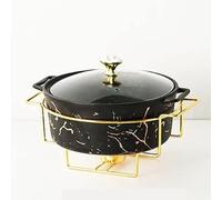 QUSYZD Juego de Calentador de Alimentos Redondo de 2 Cuartos para Buffet, Calentador de cerámica con Tapa de Vidrio, Juego de Calentador y difusor para Buffet para Bodas y,Black-A