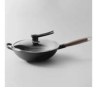 QUSYZD Olla de Hierro Fundido, Wok Grande de Hierro Crudo, Wok de Hierro Martillado a Mano, Sartén Tradicional, Wok Antiadherente Fundido sin Revestimiento, con Mango de Madera y Tapa,B31cm