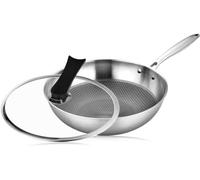 QUSYZD Wok - Wok doméstico Antiadherente y Tapa de Vidrio para inducción, sartenes para saltear, Aislante térmico, antiescaldaduras, Mango de Mano, 34 cm,