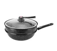 QUSYZD Woks y sartenes para saltear: Wok de Piedra con Tapa de Vidrio, Wok Antiadherente Redondo de 12.5 Pulgadas para saltear, Wok Antiadherente de Fondo Plano y Wok de Acero al Carbo,B