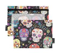Quteprint Estuche para lápices para carpeta de 3 anillas, calaveras de azúcar florales mexicanas, paquete de 2 estuches con cremallera con ventana transparente y ojales reforzados para carpeta, bolsas