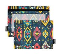 Quteprint Estuche para lápices para carpeta de 3 anillas, diseño étnico azteca africano, paquete de 2 estuches con cremallera con ventana transparente y ojales reforzados para carpeta, organizador de