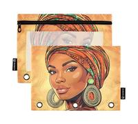 Quteprint Estuche para lápices para carpeta de 3 anillos, diseño étnico africano, paquete de 2 estuches con cremallera con ventana transparente y ojales reforzados para carpeta, organizador de