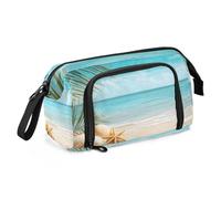 Quteprint Estuche portátil de gran capacidad, diseño de hojas de palmera de playa, estrella de mar, estuche portátil con cremallera, bolsa de papelería para oficina, escuela, estuche para lápices