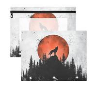 Quteprint Paquete de 2 estuches para carpeta de 3 anillas, carpeta de lunas rojas Howling Wolf Hill, estuche para lápices A4 con ventana transparente con cremallera, organizador duradero de gran