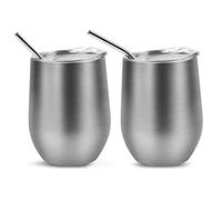 QUTHZZHY Copa de Vino de Acero Inoxidable 2 Vasos, Taza de Café con Tapa 12oz, Taza Termo de Doble Capa, Vaso de Vino de Metal sin Tallo, Taza de Viaje Aislada Reutilizable, para Camping, Viajes