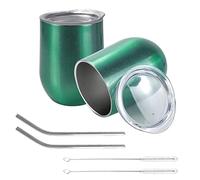 QUTHZZHY Copa de Vino de Acero Inoxidable 2 Vasos, Taza de Café con Tapa 12oz, Taza Termo de Doble Capa, Vaso de Vino de Metal sin Tallo, Taza de Viaje Aislada Reutilizable, para Camping, Viajes