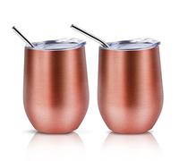 QUTHZZHY Copa de Vino de Acero Inoxidable 2 Vasos, Taza de Café con Tapa 12oz, Taza Termo de Doble Capa, Vaso de Vino de Metal sin Tallo, Taza de Viaje Aislada Reutilizable, para Camping, Viajes