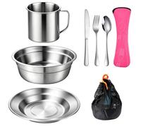 QUTHZZHY Juego de cubertería de camping para 1 persona, juego de vajilla de camping de acero inoxidable con cuencos, platos, tazas, tenedores, cucharas y cuchillos, cubiertos de picnic al aire libre