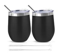 QUTHZZHY Vasos de vino de acero inoxidable, 2 unidades, 350 ml, vasos de vino con tapa y cepillo para pajita, mantiene 6 h caliente/10 h frío, doble pared, taza de café, taza de viaje para leche, vino
