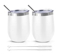 QUTHZZHY Vasos de Vino de Acero Inoxidable, 2pcs Taza Termica 350mL, con Tapa y Cepillo para Pajita, Mantiene 6 Horas Caliente/10 h Frío, Doble Pared, para uso Familiar al Aire Libre de Picnic
