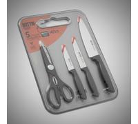 QUTTIN | Set Cocina 4 o 5 Piezas con 11 cm, Pelador 9 cm, Tijeras y Tabla Antideslizante o Soporte Taco, Acero Inoxidable, Mango Ergonómico Negro