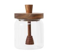 QUUPY Olla de miel de vidrio de 400 ml con tapa de madera y recipiente hermético de boca ancha, dispensador de jarabe para el hogar y la cocina