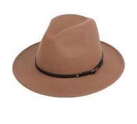 QUUPY Sombrero Fedora de Mujer con ala Ancha y Hebilla, clásico Sombrero de Panamá, Caqui, 6 7/8-7 1/8