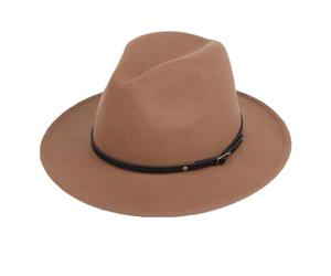 QUUPY Sombrero Fedora de Mujer con ala Ancha y Hebilla, clásico Sombrero de Panamá, Caqui, 6 7/8-7 1/8