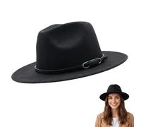 QUUPY Unisex Retro Hebilla de Cinturón Manhattan Fedora Sombrero Negro Fieltro Ancho ala Panamá Sombrero con Cordón Sombrero Barco para Viajar, Negro, M
