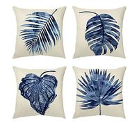 Quuzee 4 Piezas Fundas de Cojín Hojas Tropicales Azules Throw Pillow Covers Decorativo Fundas de Cojín para Sofá Cama Decoración para Hogar Set de 4 Cushion Cover 45x45cm/18x18 Inch