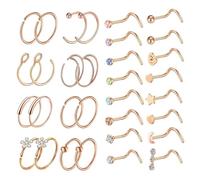 QUXVUIS Juego de 32 piercings para la nariz con circonitas cúbicas, elegantes y económicos, con un estilo único, en forma de hueso en forma L, tono plateado.