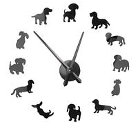 Quystetes DIY Dachshund Wall Art Wiener-Dog Puppy Dog Pet Reloj de Pared Gigante Sin con Efecto Espejo Salchicha Perro Reloj Grande Reloj de Pared Negro