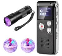 Quystetes Kit de 4 Piezas: Incluye: 1 Grabadora de Voz Digital de Bolsillo, 2 Pelotas LED para Gatos, 1 Linterna UV Negra (8 GB)