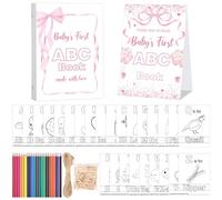 Quzzil Pink Bow First Abc Book Baby Shower Actividad Recuerdo para Adultos Baby Shower Abc Libro de Invitados para Colorear Alternativa 26 Alfabeto A a Z Tarjeta para colorear con 24 lápices y 60