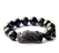 QWdfgS pulsera de obsidiana negra, Pulsera de obsidiana con ojo arco iris hielo natural, pulsera PiXiu 13 mm for hombres y mujeres