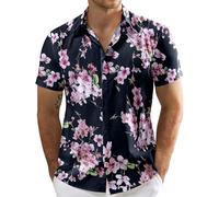 QWEFVB Camisa hawaiana informal de manga corta con botones para hombre, Azul marino y rosa, XL