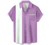 QWEFVB Camisas de boliche vintage para hombre, estilo casual, de manga corta, con botones, en contraste, para verano, con bloques de color, camisas cubanas, Lavanda y blanco, 6XL