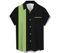 QWEFVB Camisas de boliche vintage para hombre, estilo casual, de manga corta, con botones, en contraste, para verano, con bloques de color, camisas cubanas, Salvia y rayas negras, XXL