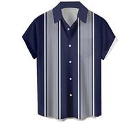 QWEFVB Camisas de boliche vintage para hombre, estilo casual, de manga corta, con botones, en contraste, para verano, con bloques de color, camisas cubanas, Zafiro a rayas, L