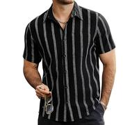 QWEFVB Camisas de verano a rayas para hombre, de manga corta, con botones, vintage, para playa, hawaianas, con bolsillo, Negro, XL