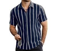 QWEFVB Camisas de verano a rayas para hombre, de manga corta, con botones, vintage, para playa, hawaianas, con bolsillo, azul marino, M