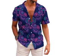 QWEFVB Camiseta de México para hombre, divertidas camisas de playa hawaianas con botones de manga corta, Púrpura geométrico, S
