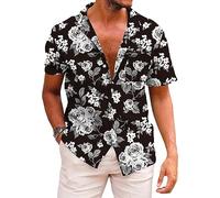 QWEFVB Camiseta hawaiana funky para hombre, camisas de playa de palmeras, camisa tropical de vacaciones, Negro hawaiano, M