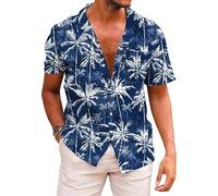 QWEFVB Camiseta hawaiana funky para hombre, camisas de playa de palmeras, camisa tropical de vacaciones, Palmera azul, L