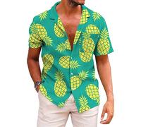 QWEFVB Camiseta hawaiana funky para hombre, camisas de playa de palmeras, camisa tropical de vacaciones, Verde piña, L
